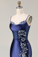 Load image into Gallery viewer, Navy Satin Appliqued Mermaid Long Corset Prom Dress with Slit