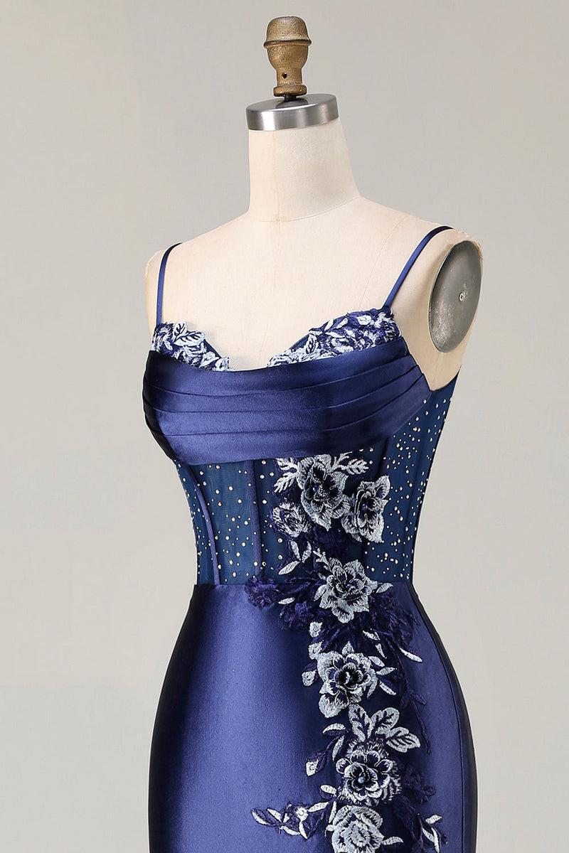 Load image into Gallery viewer, Navy Satin Appliqued Mermaid Long Corset Prom Dress with Slit