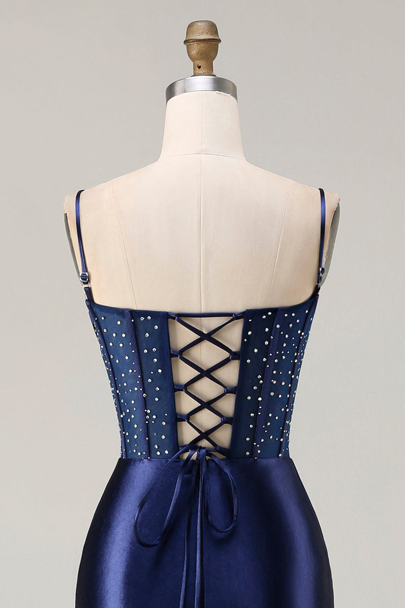 Load image into Gallery viewer, Navy Satin Appliqued Mermaid Long Corset Prom Dress with Slit