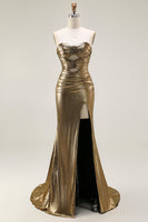 Load image into Gallery viewer, Sparkly Dark Golden Mermaid Strapless Maxi Prom Dress with Keyhole
