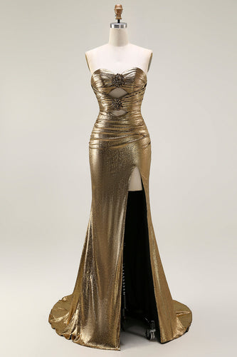 Sparkly Dark Golden Mermaid Strapless Maxi Prom Dress with Keyhole