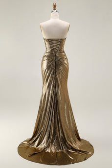 Sparkly Dark Golden Mermaid Strapless Maxi Prom Dress with Keyhole