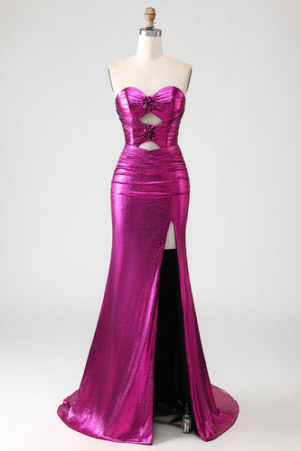 Fuchsia Long Metallic Mermaid Prom Dress with 3D Flowers