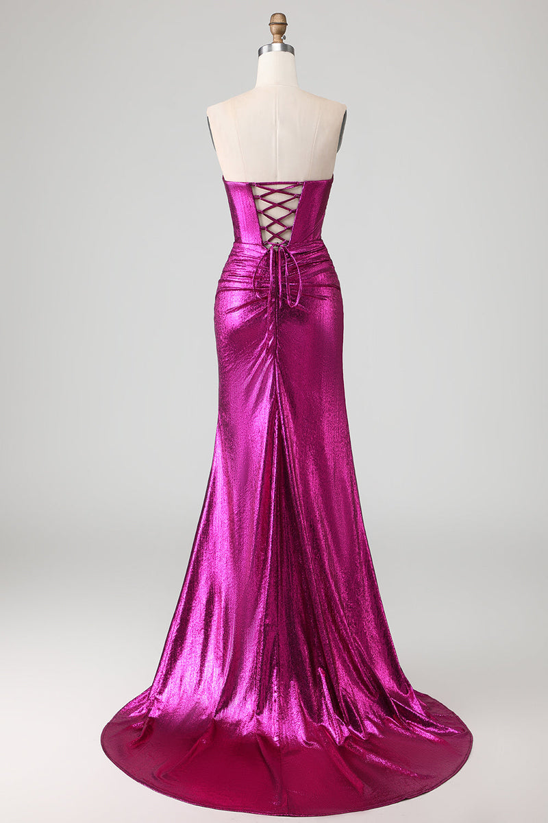 Load image into Gallery viewer, Fuchsia Long Metallic Mermaid Prom Dress with 3D Flowers