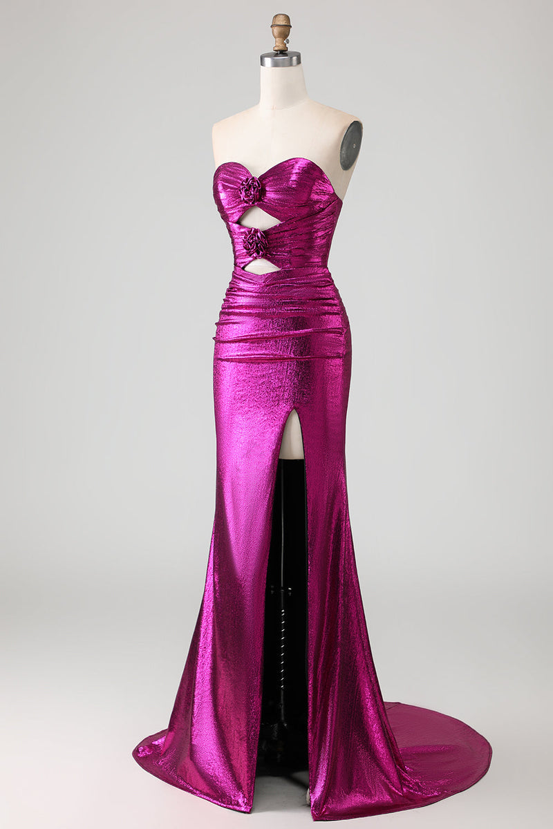 Load image into Gallery viewer, Fuchsia Long Metallic Mermaid Prom Dress with 3D Flowers