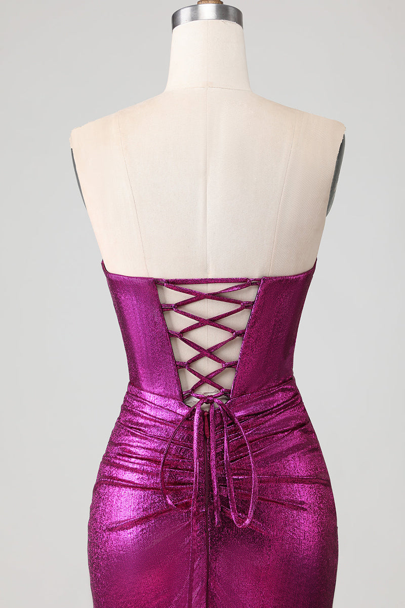 Load image into Gallery viewer, Fuchsia Long Metallic Mermaid Prom Dress with 3D Flowers