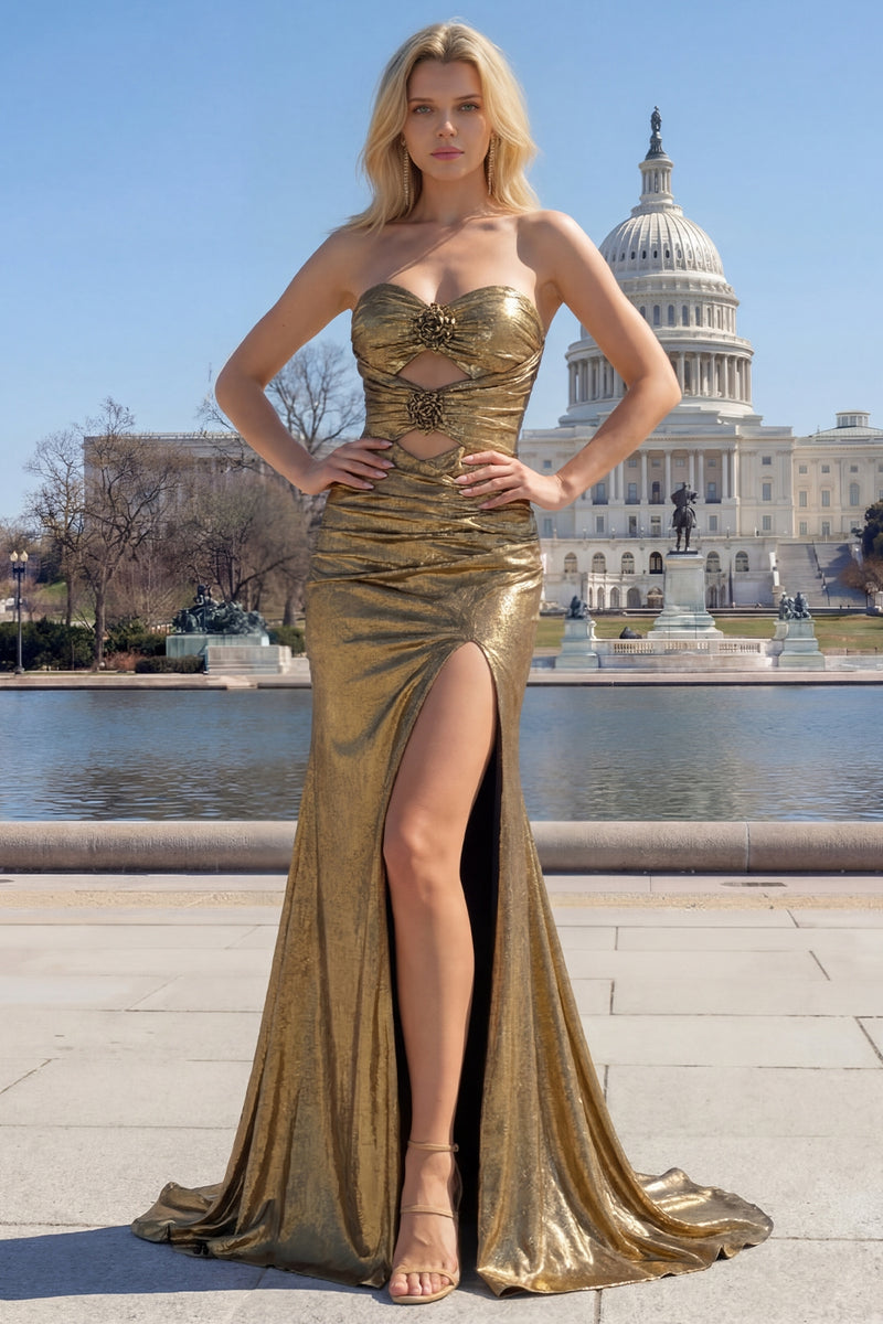 Load image into Gallery viewer, Sparkly Dark Golden Mermaid Strapless Maxi Prom Dress with Keyhole