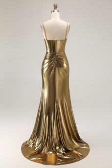 Sparkly Golden Metallic Mermaid Long Corset Prom Dress with Slit
