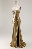 Load image into Gallery viewer, Sparkly Golden Metallic Mermaid Long Corset Prom Dress with Slit