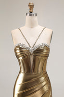 Load image into Gallery viewer, Sparkly Golden Metallic Mermaid Long Corset Prom Dress with Slit