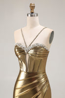 Load image into Gallery viewer, Sparkly Golden Metallic Mermaid Long Corset Prom Dress with Slit