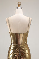 Load image into Gallery viewer, Sparkly Golden Metallic Mermaid Long Corset Prom Dress with Slit