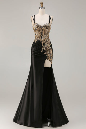 Sparkly Black Satin Floral Appliqued Long Corset Prom Dress with Slit