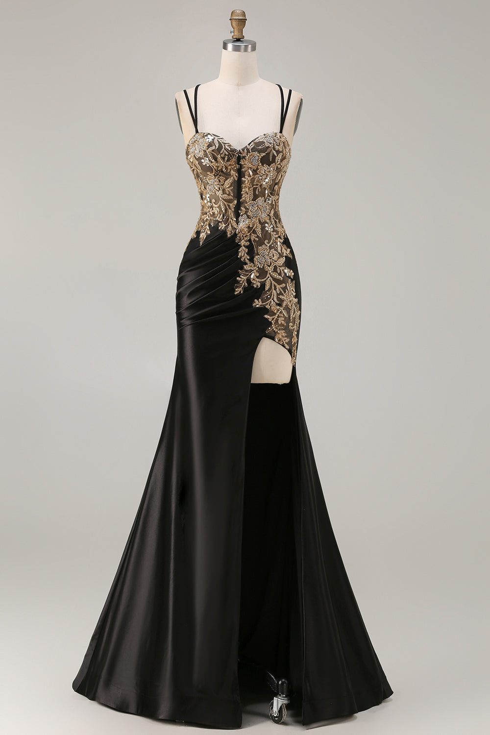 Sparkly Black Satin Floral Appliqued Long Corset Prom Dress with Slit