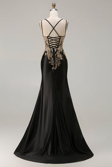 Sparkly Black Satin Floral Appliqued Long Corset Prom Dress with Slit