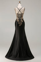 Load image into Gallery viewer, Sparkly Dark Green Floral Satin Mermaid Long Corset Prom Dress with Slit
