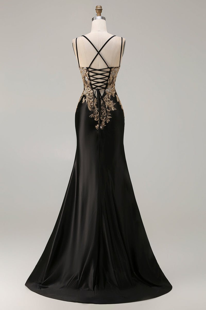Load image into Gallery viewer, Sparkly Black Satin Floral Appliqued Long Corset Prom Dress with Slit