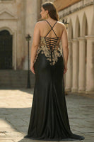 Load image into Gallery viewer, Plus Size Sparkly Dark Green Floral Satin Mermaid Long Corset Prom Dress with Slit