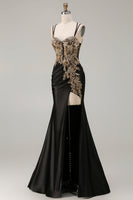 Load image into Gallery viewer, Sparkly Dark Green Floral Satin Mermaid Long Corset Prom Dress with Slit