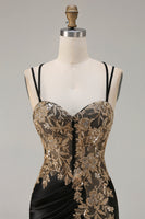 Load image into Gallery viewer, Sparkly Black Satin Floral Appliqued Long Corset Prom Dress with Slit