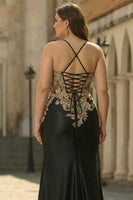 Load image into Gallery viewer, Plus Size Sparkly Dark Green Floral Satin Mermaid Long Corset Prom Dress with Slit