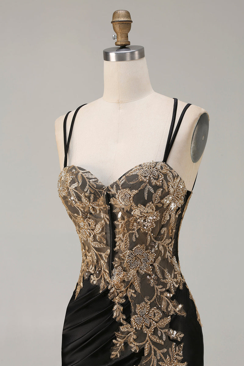 Load image into Gallery viewer, Sparkly Black Satin Floral Appliqued Long Corset Prom Dress with Slit