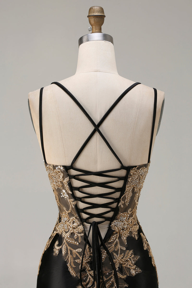 Load image into Gallery viewer, Sparkly Black Satin Floral Appliqued Long Corset Prom Dress with Slit