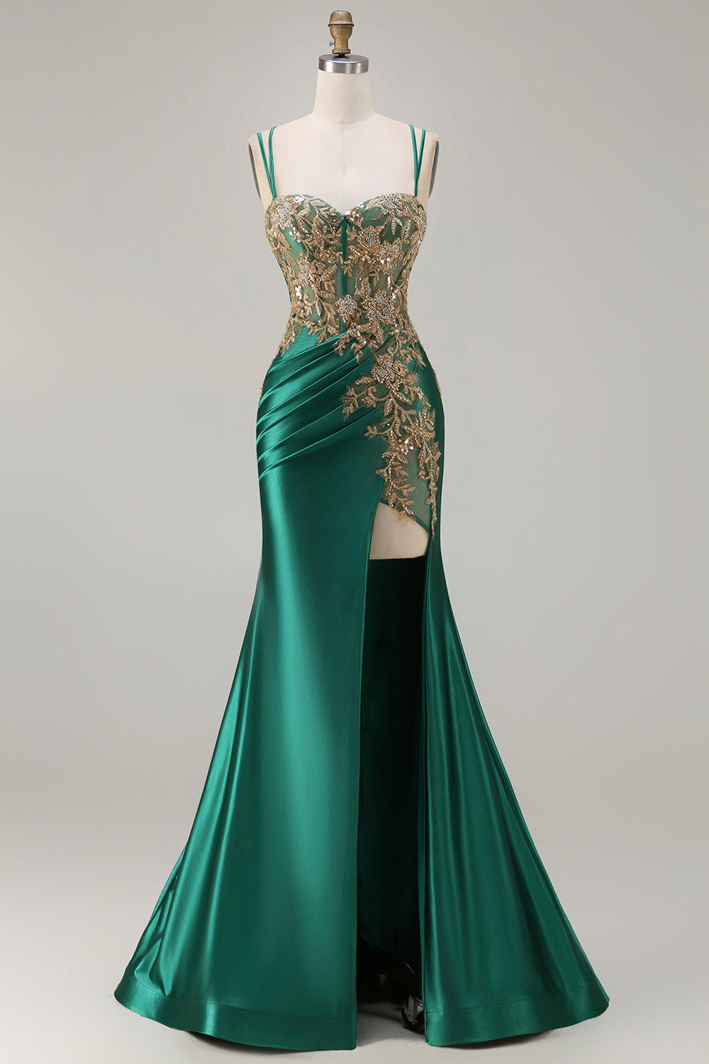 Sparkly Dark Green Floral Satin Mermaid Long Corset Prom Dress with Slit