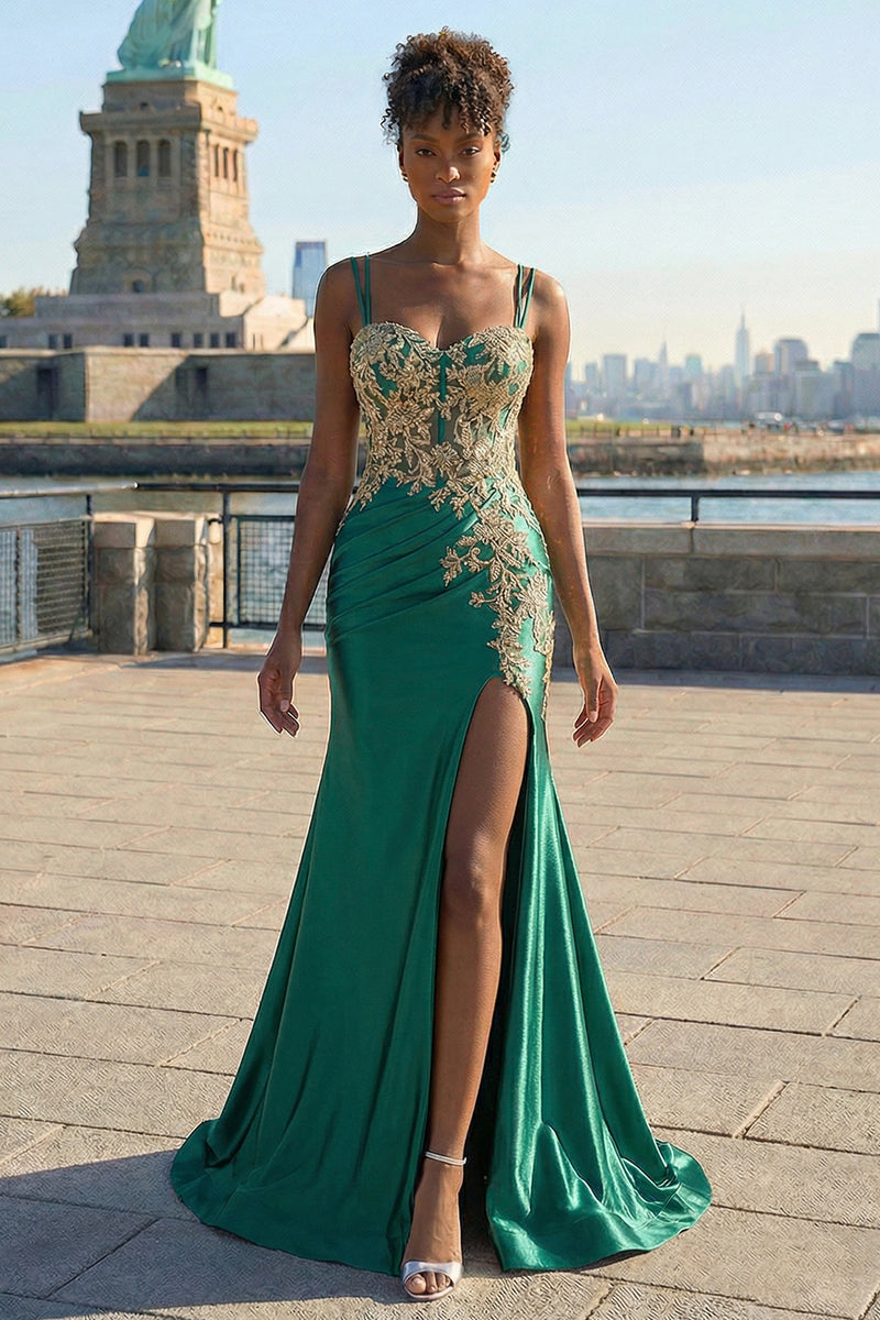 Load image into Gallery viewer, Plus Size Sparkly Dark Green Floral Satin Mermaid Long Corset Prom Dress with Slit