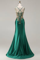 Load image into Gallery viewer, Sparkly Dark Green Floral Satin Mermaid Long Corset Prom Dress with Slit
