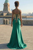 Load image into Gallery viewer, Plus Size Sparkly Dark Green Floral Satin Mermaid Long Corset Prom Dress with Slit