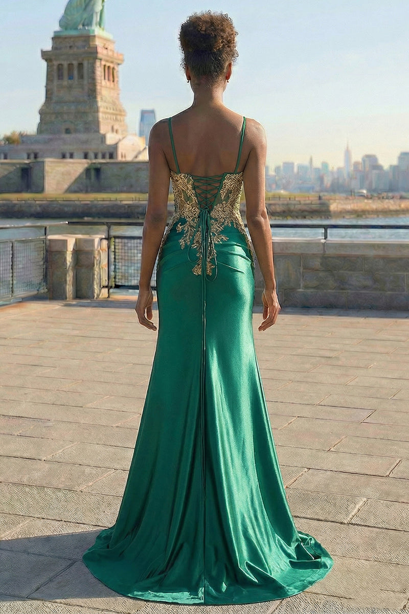Load image into Gallery viewer, Plus Size Sparkly Dark Green Floral Satin Mermaid Long Corset Prom Dress with Slit