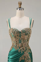 Load image into Gallery viewer, Sparkly Black Satin Floral Appliqued Long Corset Prom Dress with Slit