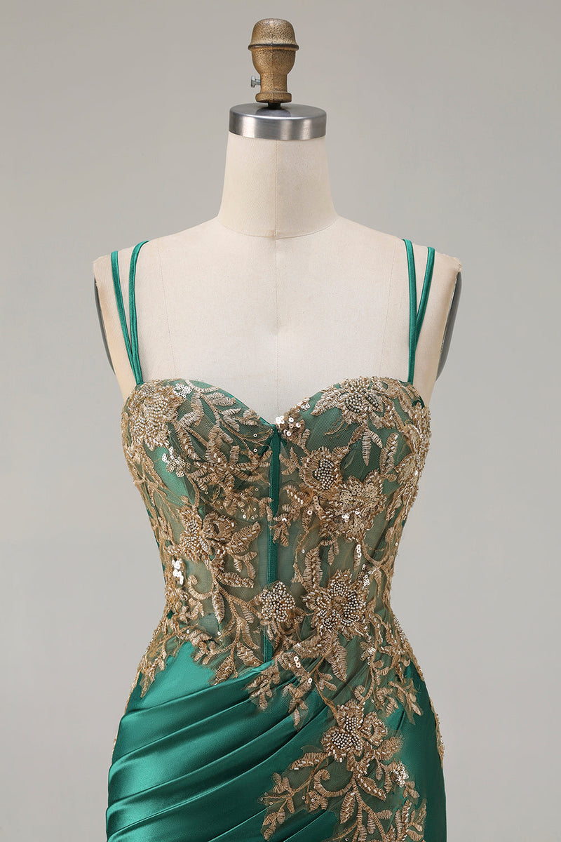 Load image into Gallery viewer, Sparkly Dark Green Floral Satin Mermaid Long Corset Prom Dress with Slit