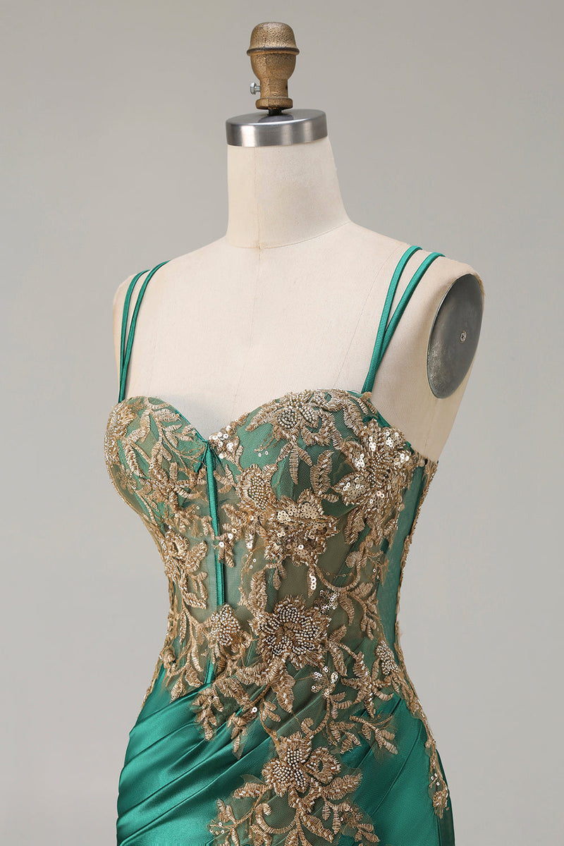 Load image into Gallery viewer, Sparkly Dark Green Floral Satin Mermaid Long Corset Prom Dress with Slit