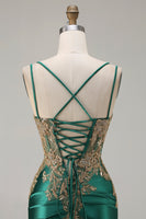Load image into Gallery viewer, Sparkly Dark Green Floral Satin Mermaid Long Corset Prom Dress with Slit