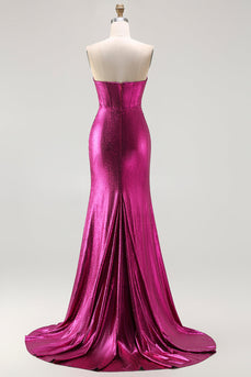 Sparkly Fuchsia Mermaid Beaded Long Corset Prom Dress
