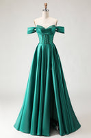 Load image into Gallery viewer, Sparkly Dark Green A Line Long Beaded Corset Prom Dress with Slit