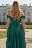 Load image into Gallery viewer, Sparkly Plus Size Purple Satin A Line Beaded Long Corset Prom Dress with Slit