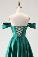 Load image into Gallery viewer, Sparkly Dark Green A Line Long Beaded Corset Prom Dress with Slit