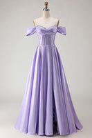 Load image into Gallery viewer, Sparkly Purple A Line Beaded Satin Long Corset Prom Dress with Slit