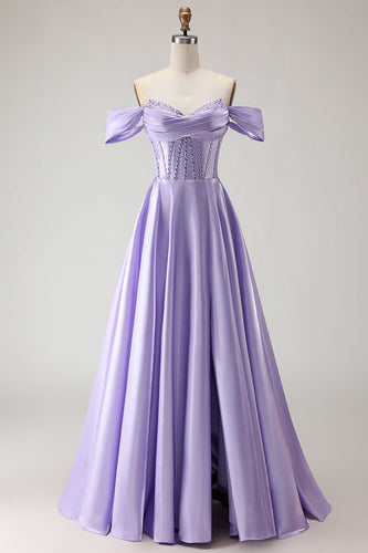 Sparkly Purple A Line Beaded Satin Long Corset Prom Dress with Slit