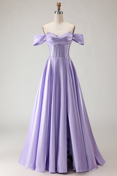 Sparkly Purple A Line Beaded Satin Long Corset Prom Dress with Slit