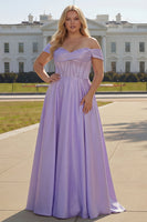 Load image into Gallery viewer, Sparkly Plus Size Purple Satin A Line Beaded Long Corset Prom Dress with Slit