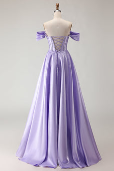 Sparkly Purple A Line Beaded Satin Long Corset Prom Dress with Slit