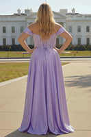 Load image into Gallery viewer, Sparkly Plus Size Purple Satin A Line Beaded Long Corset Prom Dress with Slit