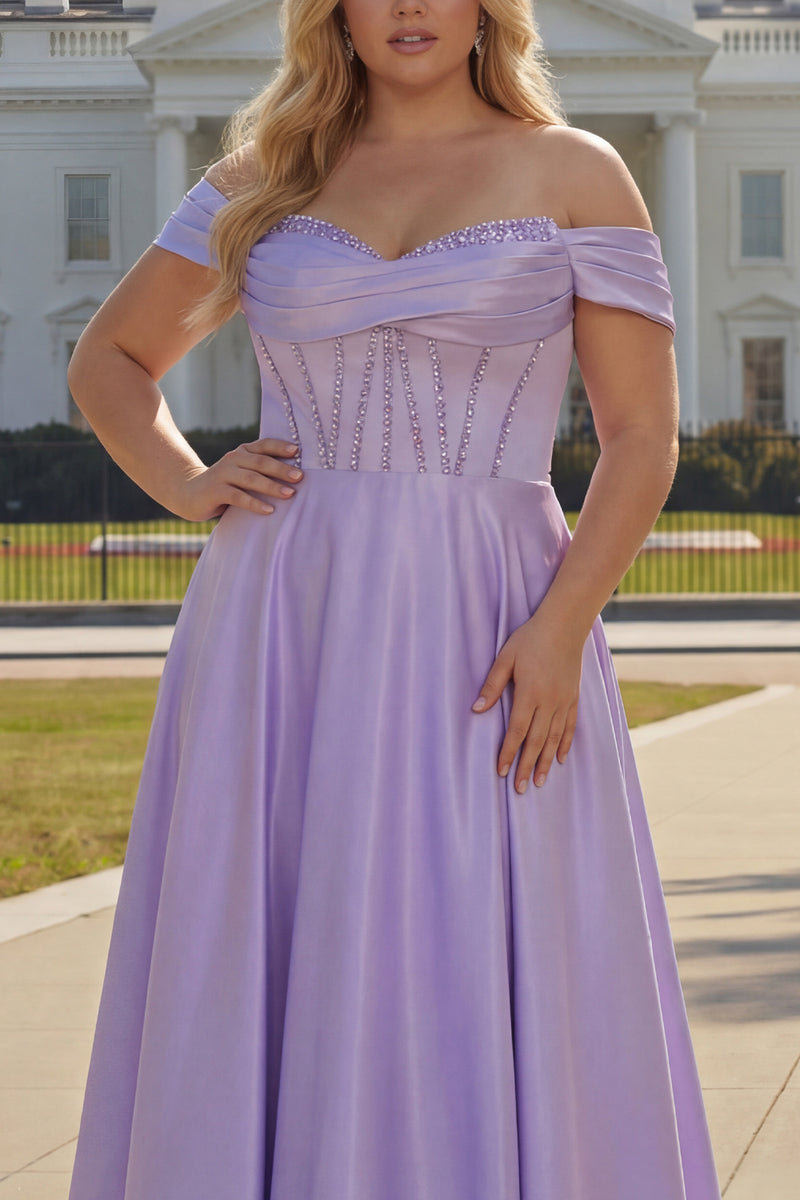 Load image into Gallery viewer, Sparkly Plus Size Purple Satin A Line Beaded Long Corset Prom Dress with Slit
