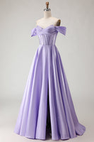Load image into Gallery viewer, Sparkly Purple A Line Beaded Satin Long Corset Prom Dress with Slit