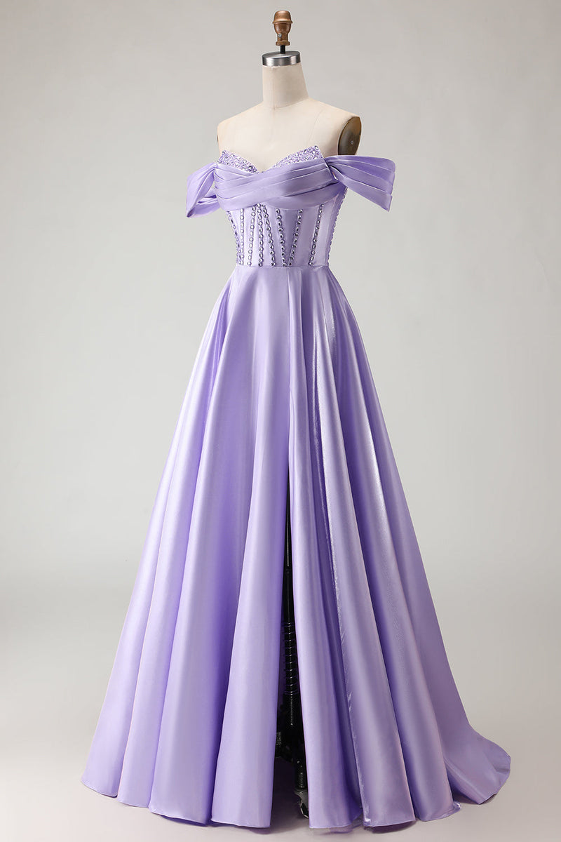 Load image into Gallery viewer, Sparkly Purple A Line Beaded Satin Long Corset Prom Dress with Slit