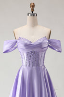 Load image into Gallery viewer, Sparkly Purple A Line Beaded Satin Long Corset Prom Dress with Slit